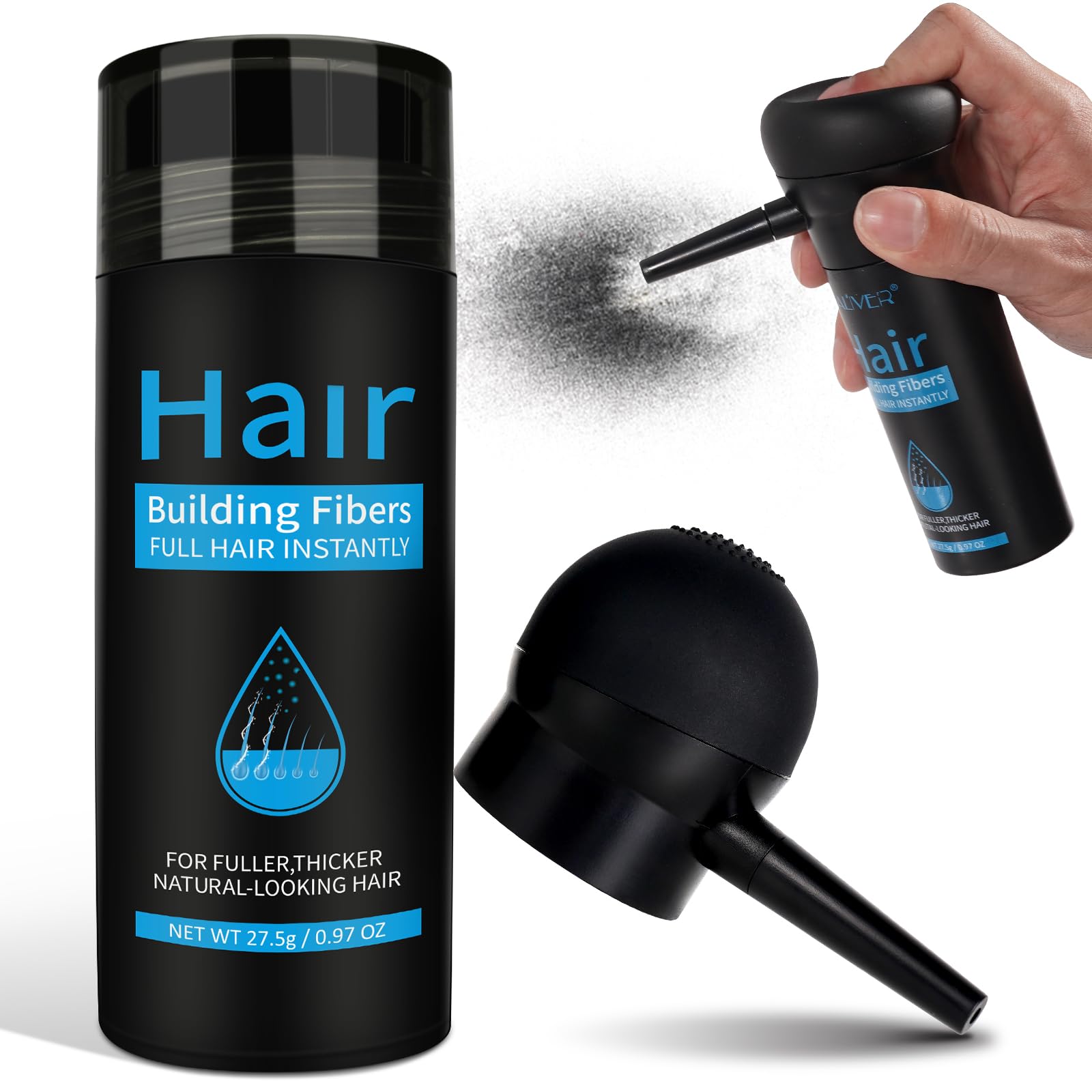 Poudre Densifiante Cheveux Noir avec Applicateur pour Cheveux Fins Clairsemés Racine Calvitie 27.5G Fibres Capillaires D